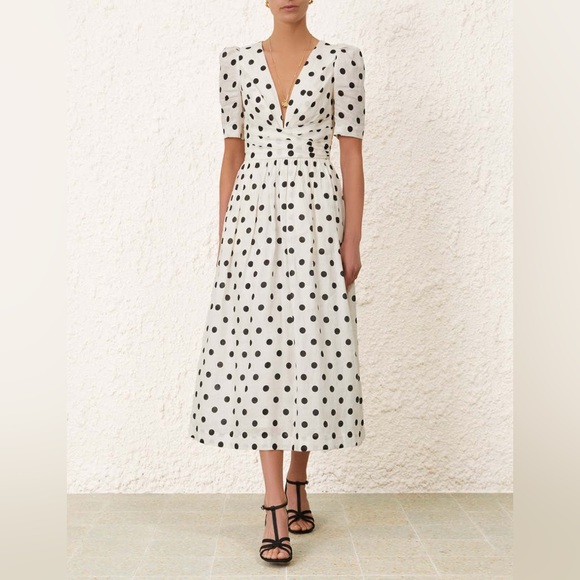 knee length dresses for ladies Black and Cream Polka Dot Pleated Tiered Midi Dress